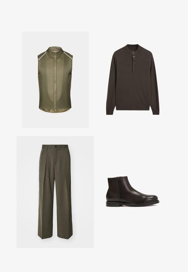 Pullover lungo marrone a maniche lunghe con colletto alto e pattina con tre bottoni. Realizzato in tessuto morbido, presenta una texture liscia e polsini a costine.; Gilet senza maniche verde oliva realizzato in tessuto leggero e testurizzato, con zip frontale e strisce riflettenti lungo le spalle.; Filippa K WIDE TROUSERS - Pantaloni - driftwood; Stivale alla caviglia in pelle nera con una superficie liscia, punta arrotondata e tacco basso. Presenta una zip laterale per indossarlo facilmente.