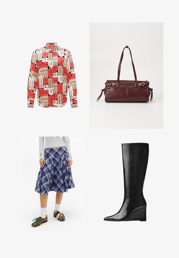 Maglione a collo alto di colore nero realizzato in morbido tessuto a maglia, con maniche lunghe e una vestibilità comoda. Tessuto liscio senza motivi o dettagli visibili.; Camicia button-up con motivo geometrico in rosso, crema e nero. Realizzata in tessuto morbido con colletto e maniche lunghe.; Gonna midi a quadri blu con pieghe, realizzata in tessuto morbido. Abbinata a scarpe marroni con lacci colorati e calzini bianchi.; Stivali in pelle nera alti fino al ginocchio, con punta affilata e tacco a zeppa. La superficie è liscia con una finitura lucida.; Borsa a tracolla in pelle bordeaux con due manici, hardware dorato e chiusura con zip. Presenta una texture liscia e dettagli di cucitura sottili.