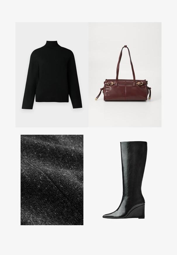 Sort turtleneck trøje lavet af blødt strikstof, der har lange ærmer og en afslappet pasform. Glat tekstur uden synlige mønstre eller accenter.; Sort tekstureret stof med indvævede lysere striber, der viser et blødt, vævet udseende og et subtilt, varieret mønster.; Knæhøje sorte læderstøvler med en slank, spids tå og en kilehælk. Overfladen er glat med en blank finish.; Bordeaux læder håndtaske med to skulderremme, hardware i guld tone og lynlås lukning. Har en glat overflade og subtile syninger.