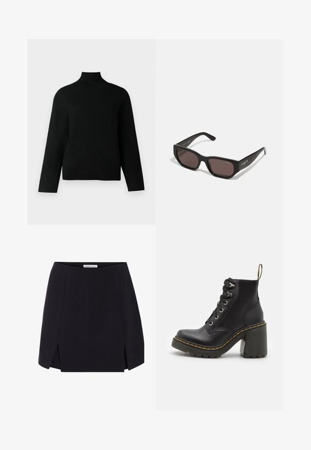 Sort turtleneck trøje lavet af blødt strikstof, der har lange ærmer og en afslappet pasform. Glat tekstur uden synlige mønstre eller accenter.; Sort a-linjeet skørter med en glat tekstur, der har sidelæg og et rent, minimalistisk design. Etiketten er synlig ved taljen.; Sorte læder ankelstøvler med en kraftig høj hæl, snørebånd foran, metaløjer og gule sting langs sålen. Tekstureret gummisål.; Sorte rektangulære solbriller med mørke linser. Har en glat plastisk ramme og logo-detalje på stængerne. Rent, moderne design.; Michael Kors håndleddstropp i beige belagt lær med et gentaget MK-logo mønster, guld hardware og en aftagelig kædestrop.