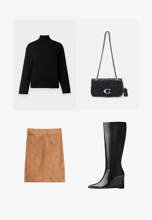 Un pull col roulé noir en tricot doux, doté de manches longues et d'une coupe décontractée. Texture lisse sans motifs ou accents visibles.; Jupe en daim tan avec des embellissements en forme d'étoiles en argent et en or, accompagnés d'accents floraux. Design simple, longueur genoux.; Bottes en cuir noires jusqu'aux genoux avec un bout pointu et un talon compensé. La surface est lisse avec une finition brillante.; COACH TABBY SHOULDER BAG 20 WITH PILLOW QUILTING - Sac bandoulière - black