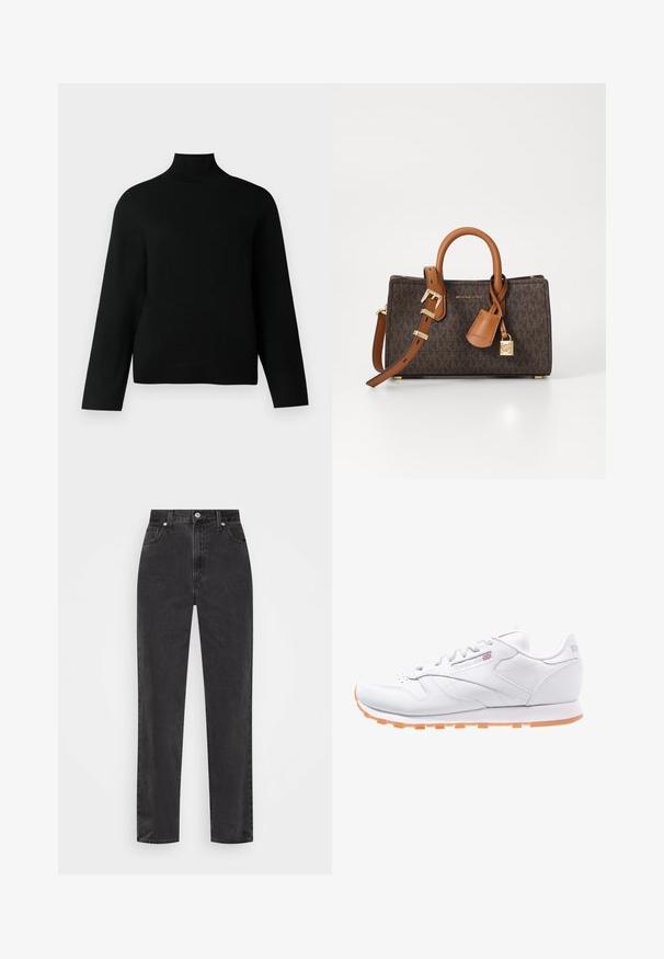 Černý rolák vyrobený z měkké pleteniny, s dlouhými rukávy a volným střihem. Hladký povrch bez viditelných vzorů nebo akcentů.; Černé džíny se rovnými nohavicemi a vysokým pasem, se zapínáním na knoflík a zip, a pěti kapsami na bílém pozadí.; Bílé kožené sportovní boty s texturovaným povrchem, gumovou oranžovou podrážkou a logem Reebok na boku a na jazyku. Standardní šněrování.; Hnědá kabelka s monogramem a béžovými koženými akcenty, dvojitými uchy a nastavitelným ramenním popruhem. Obsahuje zlatý zámek a značkovou visačku.