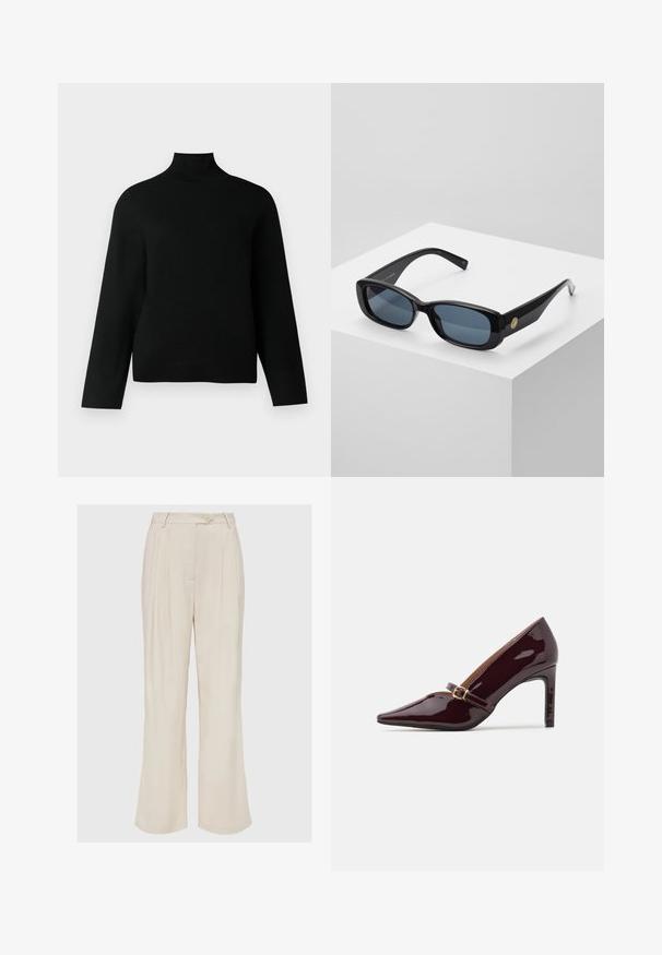 Fekete garbós pulóver puha kötött anyagból, hosszú ujjal és laza szabással. Simább textúra, látható minták vagy díszítések nélkül.; Beige plisírozott nadrág könnyű anyagból, gombos záródással és laza, széles lábú fazonnal. Sima textúra és éles vonalak.; Pokol burgundi színű magassarkú cipő hegyes orral, bokapánttal, amely arany színű kiegészítőkkel rendelkezik, és sima, fényes felülettel bír. Magas stiletto sarok.; Fekete, téglalap alakú napszemüveg kék árnyalatú lencsékkel, vastag kerettel és arany kör alakú díszítéssel az oldalon. Simaságot és fényességet sugárzó külső.; Burgundy színű, szintetikus anyagból készült kézitáska, strukturált dizájnnal, levehető pánttal és a fogantyúra kötött virágmintás sállal.