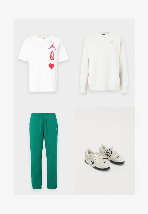 Sweatshirt cinza claro com gola redonda, punhos e barra canelados. Apresenta um pequeno emblema no peito. Tecido macio e texturizado.; T-shirt de algodão branco com um logo vermelho da Jordan, um "Q" vermelho e um gráfico de coração vermelho na frente. Mangas curtas e decote redondo.; Calças de treino verdes feitas de uma mistura de algodão, com uma cintura elástica com cordão e um bolso lateral. Design clássico de perna reta.; Tênis Nike com um upper texturizado em bege e cinza, detalhes em preto, um grande logótipo "90" e um fecho de atacadores branco. Sola preta.