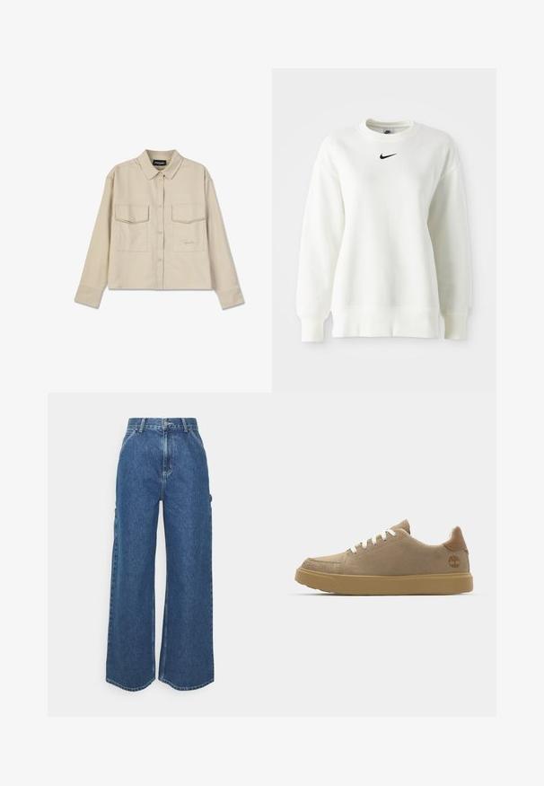 Sudadera blanca de cuello redondo hecha de algodón suave, con hombros caídos y un logo negro de Nike centrado en el pecho. Puños y dobladillo acanalados.; Camisa beige de botones con cuello, mangas largas y dos bolsillos en el pecho. Presenta un logo bordado y una textura suave y lisa.; Pantalones vaqueros de pierna ancha en azul con cintura alta, costuras en contraste y bolsillos laterales, que cuentan con un diseño clásico de cinco bolsillos y dobladillos sin rematar.; Zapatillas de ante beige con cordones blancos, suela de goma marrón y un acento en el talón de cuero marrón con un logotipo en el lateral.