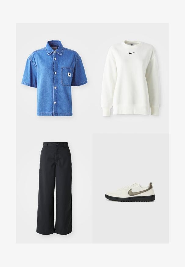 Maglione bianco con collo rotondo realizzato in morbido cotone, con spalle scese e un logo Nike nero centrato sul petto. Polsini e orlo a coste.; Camicetta di jeans a maniche corte in blu chiaro, con chiusura a bottoni, taschino sul petto e un vistoso patch con logo. Tessuto liscio e vestibilità casual.; Pantaloni neri a gamba larga realizzati in tessuto morbido, con chiusura a bottone e tasche laterali, caratterizzati da un design pulito e una silhouette sartoriale.; Nike Sportswear FIELD GENERAL - Sneakers basse - off-white/black