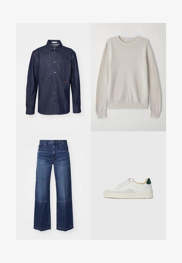 Light beige sweater made of soft knit fabric. Crew neckline, long sleeves, ribbed cuffs, and hem with subtle texture detail.; Dark denim shirt featuring a button-up front, pointed collar, single chest pocket, and contrasting stitching details.; Wide-leg denim jeans in dark blue, featuring contrasting panels, a classic five-pocket design, and traditional stitching details.; White sneaker with suede accents, rounded toe, flat laces, and a cream rubber sole. Features green branding on the heel.