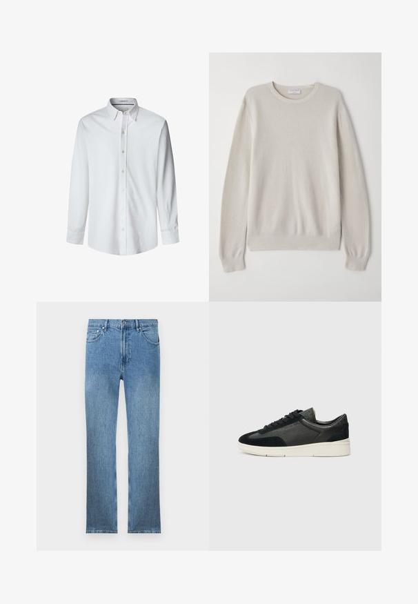 Vaaleanbeige neulepaita pehmeästä kankaasta. Pyöreä pääntie, pitkät hihat, ribbaus hihoissa ja helmassa sekä hienovarainen tekstuuritieto.; Valkoinen pitkähihaine paita, joka on valmistettu sileästä kankaasta. Paidan kauluksessa on napit ja edessä nappikiinnitys, sekä suora helma.; Vaaleansiniset farkut suoran leikkauksen kanssa, viisi taskua, vetoketjukiinnitys ja erottuva ommel. Kangas on sileä ja teksturoitu.; Matalavartiset lenkkarit, joissa on mustaa mokkaa ja teksturoitua nahkaa, valkoinen kumipohja ja mustat nauhat. Hienovarainen brändäys sivussa.