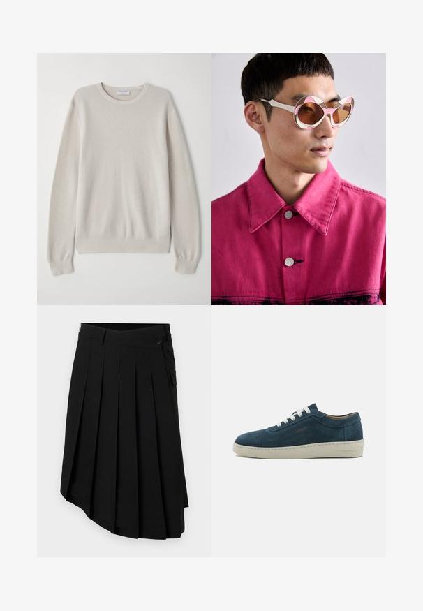 Svetlo bež pulover iz mehkega pletenega materiala. Okrugli izrez, dolgi rokavi, rebrasti robovi in rob s subtilno teksturno podrobnostjo.; Feng Chen Wang PLEATED MIDI SKIRT - Kratke hlače - black; Modri nubuk superge z zaobljenim prstom, belimi vezalkami in gumijastim podplatom. Opremljene so z diskretnim šivanjem in branded poudarkom na strani.; Bela in roza oversize sončna očala s ukrivljenim okvirjem, ki imajo rjave leče. Model nosi roza denimsko jakno s ovratnikom.