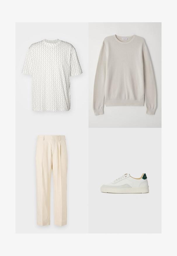 Světlý béžový svetr vyrobený z měkkého pleteného materiálu. Kulatý výstřih, dlouhé rukávy, žebrované manžety a lem s jemnými texturovanými detaily.; Bílé tričko s opakujícím se šedým vzorem "A", krátké rukávy, kulatý výstřih a volný střih. Vyrobeno z měkké tkaniny.; NN.07 KAY - Kalhoty - off white; Bílé tenisky se semišovými prvky, kulatou špičkou, plochými tkaničkami a krémovou gumovou podrážkou. Na patě mají zelené logo.