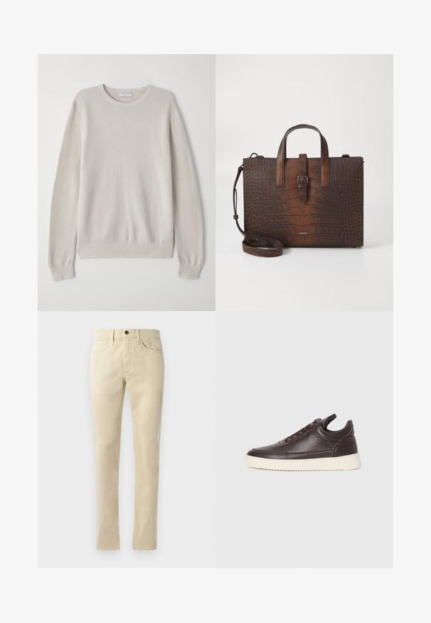 Pull beige clair en tricot doux. Col rond, manches longues, poignets côtelés et ourlet avec un subtil détail de texture.; Pantalons droits beiges en mélange de coton. Dotés d'un design à cinq poches, de passants de ceinture et d'un bouton noir à la taille.; Baskets en cuir texturé brun foncé avec un dessus à lacets et une semelle en caoutchouc blanc striée sur un fond clair et uni.; Sac à main en cuir embossé crocodile marron avec des poignées supérieures et une bandoulière amovible. Présente une fermeture à boucle et une forme rectangulaire.