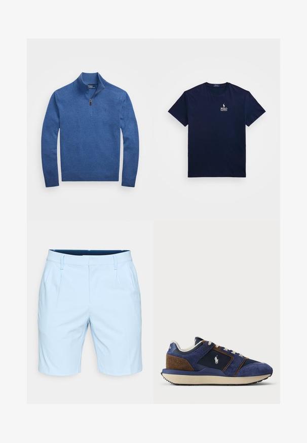 Suéter azul de malha com um colarinho mock com fecho, apresentando um pequeno logótipo no lado esquerdo do peito. Textura suave, mangas ajustadas e um design sólido.; T-shirt de algodão azul marinho com gola redonda, mangas curtas e um logo branco bordado "Polo Ralph Lauren" no peito.; Calções azul claro com uma textura suave, apresentando um corte reto, pregas frontais e uma cintura com passantes para cinto. Sem bolsos visíveis.; Sapatilha em camurça e malha azul-marinho com detalhes mais claros, sola de borracha bege e atacadores brancos; apresenta um logótipo na lateral.