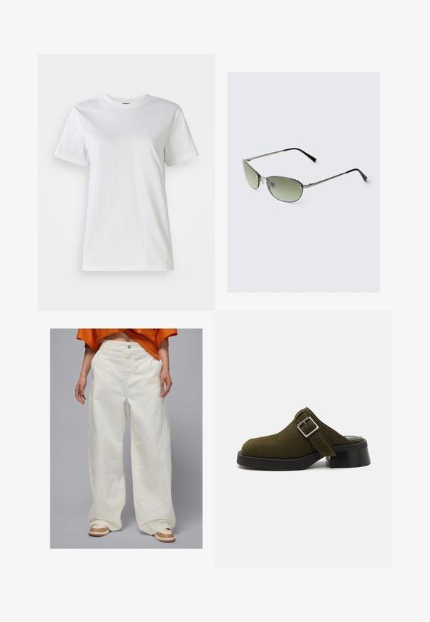 Strikket sweater i creme, med rund halsudskæring, lange ærmer, løs pasform og frynse-detaljer ved kanten og manchetterne.; Hvid bomulds t-shirt med rund hals og korte ærmer. Stoffet er glat med en blød tekstur og uden synlige mønstre eller detaljer.; Bredde ben hvide denimbukser med sidelommer og lige snitdesign, der har en knaplukning og kontrastsyede detaljer.; Olivengrøn ruskinds mule med en lav, chunky sort hæl. Har en sidestraps med en sølvspænde til justering. Glat tekstur hele vejen rundt.; Metal solbriller med aflange grønne linser, slank sølvramme og sorte tempeltips. Har små næsepuder for komfort.