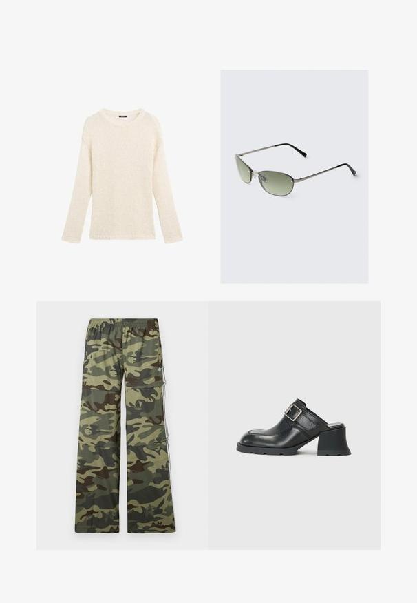 Knitted sweater in cream, featuring a crew neckline, long sleeves, loose fit, and fringe detailing at the hem and cuffs.; Camo-patterned cargo pants in shades of green and brown, featuring a wide-leg design, elastic waistband, and side pockets with stripes.; Black leather block-heeled mules with a rounded toe, featuring a silver buckle accent and a textured finish on the upper.; Metal sunglasses with elongated green lenses, slim silver frame, and black temple tips. Features small nose pads for comfort.