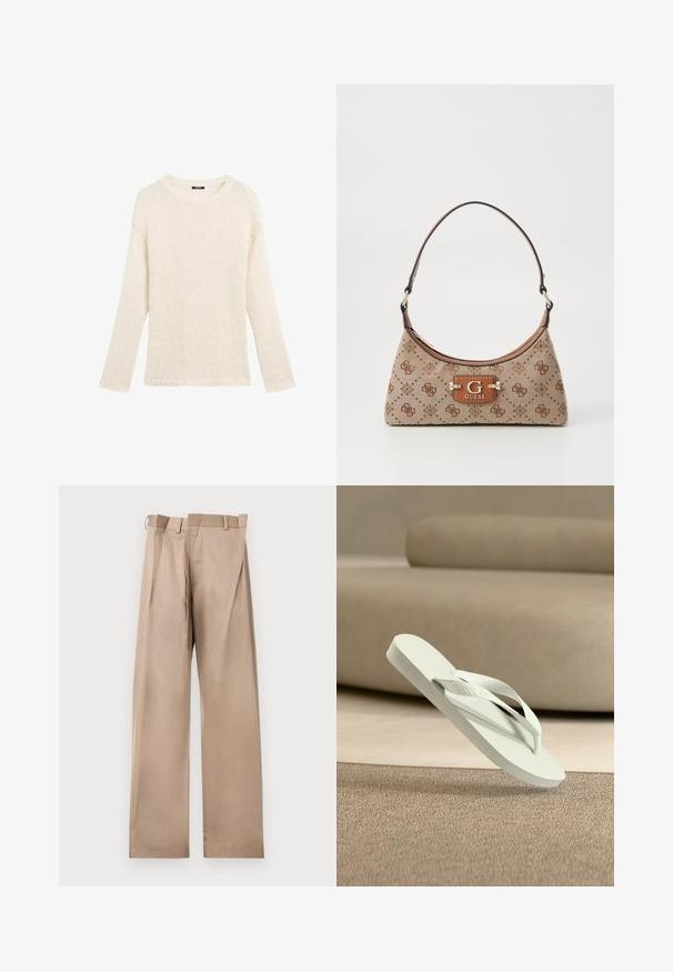 Pletený svetr v krémové barvě, s kulatým výstřihem, dlouhými rukávy, volným střihem a třásněmi na spodním lemu a manžetách.; Béžové kalhoty na míru se rovnýma nohama, s plochým předním dílem, poutky na pásek a sklady. Vyrobené z hladkého materiálu s jemnou texturou.; Světlé zelené gumové žabky s texturovanou stélkou a tenkými pásky, vyvýšené nad jemným, neutrálně tónovaným pozadím.; Plátěná taška v béžové barvě s hnědými vzorovanými akcenty. Má zakřivený tvar, jeden popruh a na přední straně logovou destičku se stříbrným kováním.