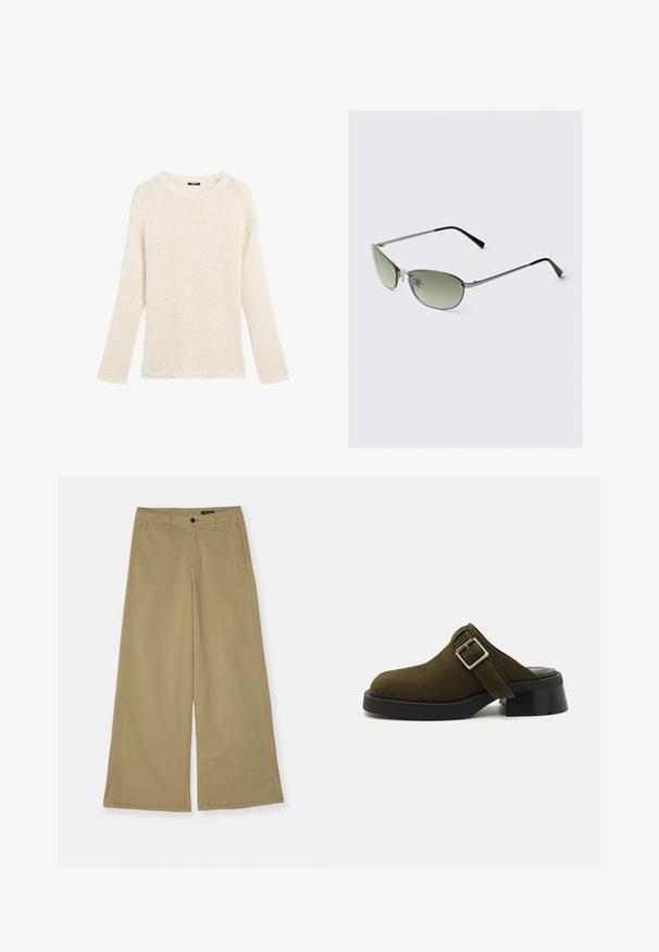 Maglione lavorato a maglia in crema, con scollatura a girocollo, maniche lunghe, vestibilità ampia e dettagli in frange all'orlo e ai polsi.; Pantaloni larghi color khaki in cotone, con chiusura a bottone, tasche laterali e dettagli di cucitura a vista. Tessuto liscio.; Mule in suede verde oliva con tacco basso e spesso nero. Presenta una fascia laterale con una fibbia argentata per la regolazione. Texture liscia complessiva.; Occhiali da sole in metallo con lenti verdi allungate, montatura sottile in argento e puntali neri. Presentano piccoli naselli per maggiore comfort.