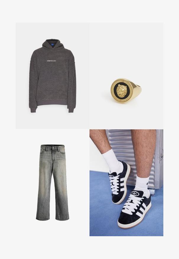 Tumma harmaa, teksturoitu fleece-huppari, jossa on "originals Studio" -teksti painettuna rintaan, ribbaatut hihat ja helma, esiteltynä yksinkertaisella taustalla.; Musta puuvillainen T-paita, jossa on pyöreä kaula-aukko, lyhyet hihat ja suora helma. Sileä rakenne; yksinkertainen, koristelematon muotoilu.; Muut leveät farkut haalistuneesta harmaasta denimistä, jossa on kevyt ombre-efekti. Sisältää etupocketit ja näkyvää ompelupistettä. Hienovaraisia kulumajälkiä on läsnä.; Mustat mokkasneakersit, joissa on valkoiset nauhat ja kolme valkoista raitaa. Kengissä on ympyrän muotoinen musta logo kielen päällä ja kuminen pohja.; Kultainen sormus, jossa on kohotettu leijonamotiivi mustalla taustalla, kehystettynä ympyrämutkalla, johon on kaiverrettu brändin nimi.