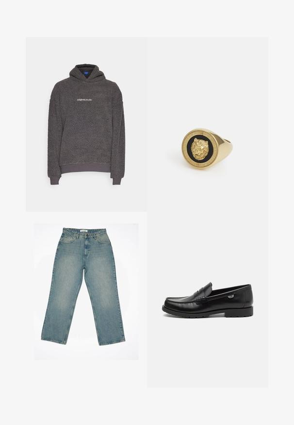 Tumehall, tekstuuriga fliiskapuutš, millel on "originals Studio" tekst prinditud rindkerele, soonikkoes mansetid ja äär, esitatud tasasel taustal.; Valge lühikeste varrukatega T-särk, mis on valmistatud pehmest puuvillast. Omab ümarat kaelaauku ja lõdva lõiget, sileda tekstuuri ning puhtat, ilma kaunistusteta disaini.; Heledad sinine teksaseelik kõrge vöökoha ja laia jala lõikega. Omab ees poolt taskuid, tõmblukuga sulgemist ja nähtavaid õmbluse detaile.; Mustad mustad nahast loafers ümarate varvastega, õmmeldud detailide ja väikese logo aktsendiga küljel. Vastupidav kummitald, mis tagab haarduvuse.; Kuldtoonist sõrmus, millel on mustal taustal kõrgendatud lõvimotiiv, raamistatud ringikujulise bändiga, millel on graveeritud brändinimi.