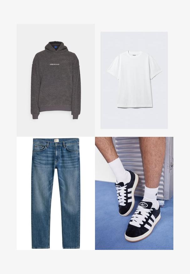 Hanorac din polar texturat, de culoare gri închis, cu inscripția "originals Studio" imprimată pe piept, cu manșete și așahem riblate, expus pe un fundal simplu.; Tricou alb cu mânecă scurtă fabricat din bumbac moale. Are un guler rotund și o croială lejeră, cu o textură netedă și un design curat, fără ornamente.; Jeans din denim albastru cu croială dreaptă, având cinci buzunare, sistem de închidere cu nasture și o ușoară decolorare pe întreaga țesătură pentru un efect texturat.; Adidași negri din suede cu șireturi albe și trei dungi albe. Au un logo circular negru pe limbă și o talpă din cauciuc de tip gumă.