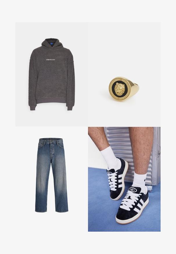 Tumši pelēkā, teksturētā flīsa kapuce ar "originals Studio" tekstu, kas izdrukāts uz krūtīm, ribota aproce un apakšmalu, attēlota uz viendabīga fona.; Balts īsām piedurknēm T-krekls, izgatavots no maiga kokvilnas. Tam ir apaļa kakla izgriezne un brīva piegriezuma siluets, ar gludu tekstūru un tīru, vienkāršu dizainu.; Zils denims ar brīvu piegriezumu, ar nolietotu dizainu, piecām kabatām, jostu cilpām un pogu un rāvējslēdzēju aizdari.; Melni zamšaini sporta apavi ar baltiem šņorēm un trim baltām svītrām. Iekļauj arī apaļu melnu logotipu uz mēles un gumijas zoli.; Zelta tonis gredzens ar izceļošu lauva motīvu uz melna fona, ko ieskauj apļa formas josla, kas ir iegravēta ar zīmola nosaukumu.