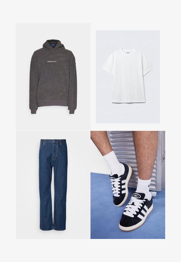 Tumehall, tekstuuriga fliiskapuutš, millel on "originals Studio" tekst prinditud rindkerele, soonikkoes mansetid ja äär, esitatud tasasel taustal.; Valge lühikeste varrukatega T-särk, mis on valmistatud pehmest puuvillast. Omab ümarat kaelaauku ja lõdva lõiget, sileda tekstuuri ning puhtat, ilma kaunistusteta disaini.; Sinised denim teksad otse lõikega, millel on nööbiliist, viis taskut ja kontrastsed õmblused õmbluste ääres.; Mustad nahkjalatsid valgete paelte ja kolme valge triibuga. Omab ümmargust musta logo keele peal ning kummist tallat.