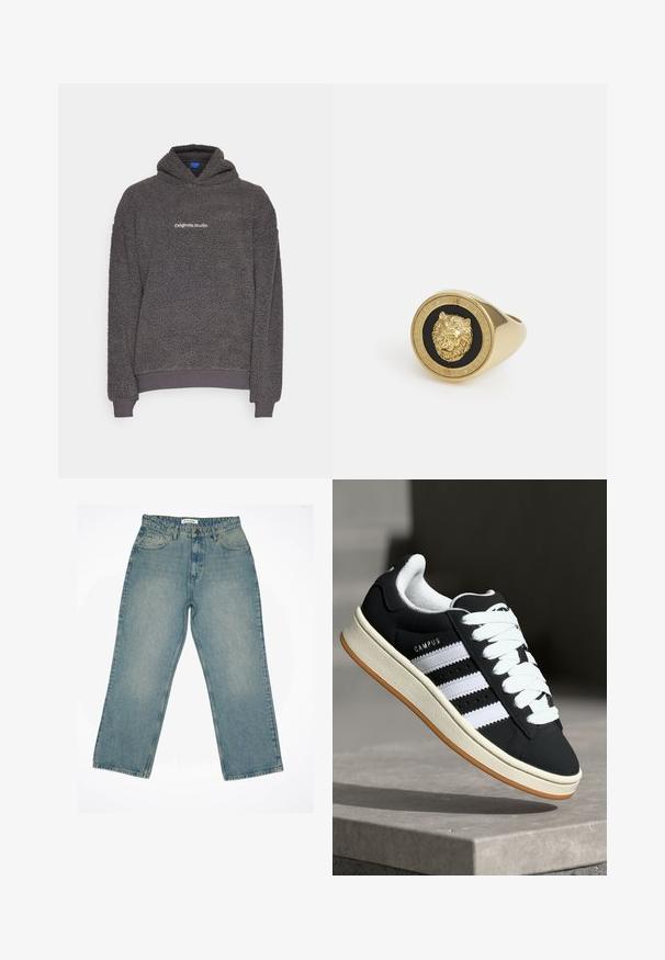 Temno siva, teksturirana flis kapuca s tiskom "originals Studio" na prsih, rebrasti manšeti in rob, prikazana na enotni podlagi.; Bela majica s kratkimi rokavi, izdelana iz mehke bombažne tkanine. Ima okroglo ovratnik in sproščen kroj, z gladko teksturo in preprostim, neopremljenim dizajnom.; Svetlo modri traper hlače z visokim pasom in širokimi hlačnicami. Imajo sprednje žepe, zadrgo in vidne šive.; Črni športni copat z belimi črtami, z zavezovanjem z vezalkami, teksturiranim zgornjim delom in gumijastim podplatom. Na strani je logotip "CAMPUS" in gumijast podplat barve gume.; Zlati prstan z dvignjenim motivom leva na črni podlagi, obdan s krožno obrobo, vklesano z imenom blagovne znamke.