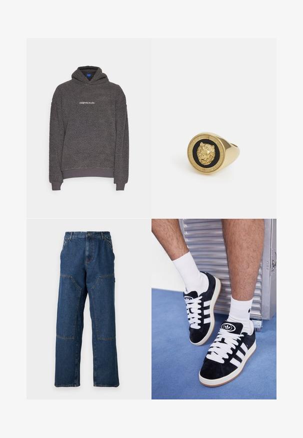 Sweatshirt de capuz em fleece texturado cinza escuro com o texto "originals Studio" impresso no peito, com punhos e bainha canelados, apresentado em um fundo simples.; T-shirt branca de manga curta feita de algodão suave. Apresenta um decote redondo e um corte descontraído, com uma textura lisa e um design limpo e sem adornos.; Calças de ganga com um corte relaxado, cor azul escuro, costura em contraste e bolsos frontais. Design minimalista com perna reta.; Sapatilhas de camurça pretas com atacadores brancos e três riscas brancas. Apresentam um logotipo circular preto na língua e uma sola de borracha tan.; Anel em tom dourado com um motivo de leão elevado sobre um fundo preto, emoldurado por uma banda circular gravada com o nome da marca.