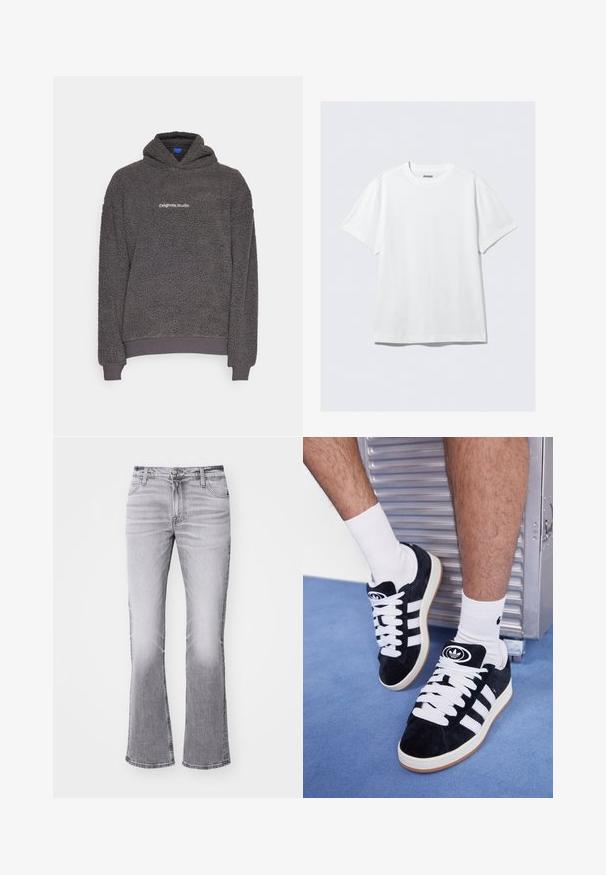 Tumehall, tekstuuriga fliiskapuutš, millel on "originals Studio" tekst prinditud rindkerele, soonikkoes mansetid ja äär, esitatud tasasel taustal.; Valge lühikeste varrukatega T-särk, mis on valmistatud pehmest puuvillast. Omab ümarat kaelaauku ja lõdva lõiget, sileda tekstuuri ning puhtat, ilma kaunistusteta disaini.; Hallide narmaste denim teksad halli värviga, kulunud viimistlusega, viie tasku disainiga, eest nupuga kinnitamine ja õmbluste äärtel tikanditega.; Mustad nahkjalatsid valgete paelte ja kolme valge triibuga. Omab ümmargust musta logo keele peal ning kummist tallat.