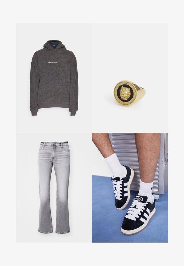 Tamsiai pilkas, tekstūruotas fliso džemperis su užrašu "originals Studio" ant krūtinės, su gofruotomis rankogaliais ir apatine dalimi, rodomas ant vienspalvio fono.; Balta trumpa rankovėmis marškinėliai, pagaminti iš minkštos medvilnės. Turi apvalų iškirpimą ir laisvą siluetą, su lygaus paviršiaus ir švariu, nenutapytu dizainu.; Pilki plačiakoti džinsai su išblukusiu paviršiumi, penkių kišenių dizainas, užsegimas priekyje su mygtuku ir siuvinėta detalė prie siūlių.; Juodos zomšos sportbačiai su baltais raišteliais ir trimis baltais dryžiais. Ant liežuvėlio yra apvalus juodas logotipas, o pado medžiaga – guminė.; Auksinės spalvos žiedas su iškeltu liūto motyvu juodame fone, apsuptas apvaliu bane, raižytu prekės ženklu.