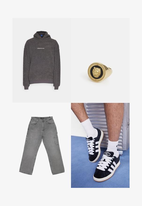 Dark gray, textured fleece hoodie with “originals Studio” text printed on the chest, ribbed cuffs and hem, displayed on a plain background.; White short-sleeve t-shirt made of soft cotton. Features a crew neck and relaxed fit, with a smooth texture and clean, unadorned design.; Gray denim trousers with a relaxed fit, featuring a front button closure, multiple pockets, and a slight faded texture.; Black suede sneakers with white laces and three white stripes. Features a circular black logo on the tongue and a gum rubber sole.; Gold-tone ring featuring a raised lion motif on a black background, framed by a circular band engraved with the brand name.
