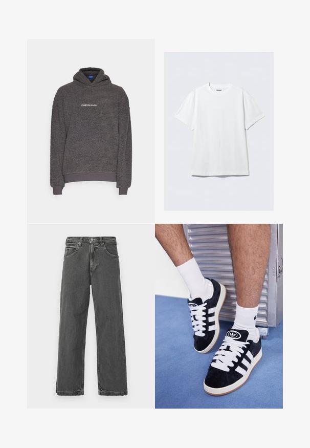 Tmavě šedá mikina s texturou z fleecového materiálu s nápisem "originals Studio" potištěným na hrudi, s žebrovanými manžetami a dolním lemem, umístěná na jednobarevném pozadí.; Bílý tričko s krátkým rukávem vyrobené z měkké bavlny. Má kulatý výstřih a volný střih, s hladkou texturou a čistým, nezdobeným designem.; Šedé džíny z denimu se rovnými nohavicemi, pěti kapsami a zapínáním na knoflík. Obsahují jemné škrábance a mírně opotřebovaný vzhled.; Černé semišové tenisky s bílými tkaničkami a třemi bílými pruhy. Mají kulatou černou logo na jazyku a gumovou podrážku.