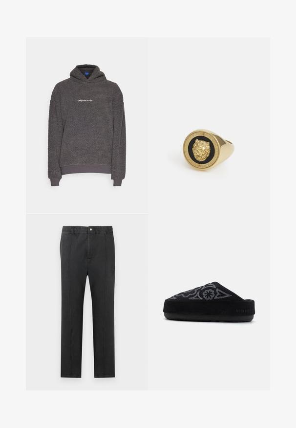 Sweatshirt de capuz em fleece texturado cinza escuro com o texto "originals Studio" impresso no peito, com punhos e bainha canelados, apresentado em um fundo simples.; T-shirt branca de manga curta feita de algodão suave. Apresenta um decote redondo e um corte descontraído, com uma textura lisa e um design limpo e sem adornos.; Calças pretas com cintura elástica, frente lisa, dois bolsos laterais e costura decorativa. Sem padrões visíveis ou detalhes de metal.; Sapato slip-on de camurça preta com design bordado, bico arredondado, sola grossa e o texto "MOON BOOT" no calcanhar. Superfície texturizada.; Anel em tom dourado com um motivo de leão elevado sobre um fundo preto, emoldurado por uma banda circular gravada com o nome da marca.