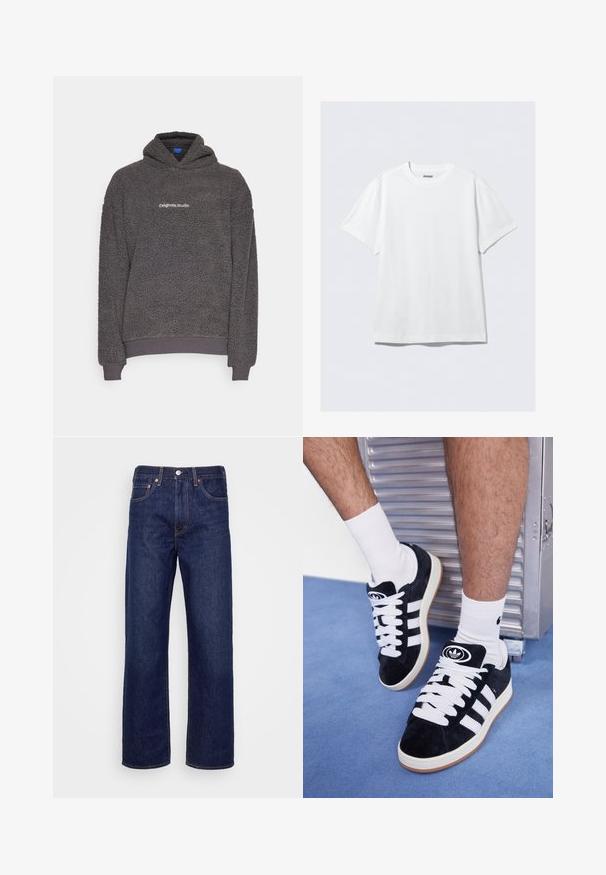 Temno siva, teksturirana flis kapuca s tiskom "originals Studio" na prsih, rebrasti manšeti in rob, prikazana na enotni podlagi.; Bela majica s kratkimi rokavi, izdelana iz mehke bombažne tkanine. Ima okroglo ovratnik in sproščen kroj, z gladko teksturo in preprostim, neopremljenim dizajnom.; Temno modri kavbojki z naravnim krojem hlačnic, petimi žepi in bakrenimi nitmi. Tkanina je gladka in rahlo teksturirana.; Črne semiš teniske z belimi vezalkami in tremi belimi črtami. Imajo okroglo črno oznako na jezičku in gumijast podplat.