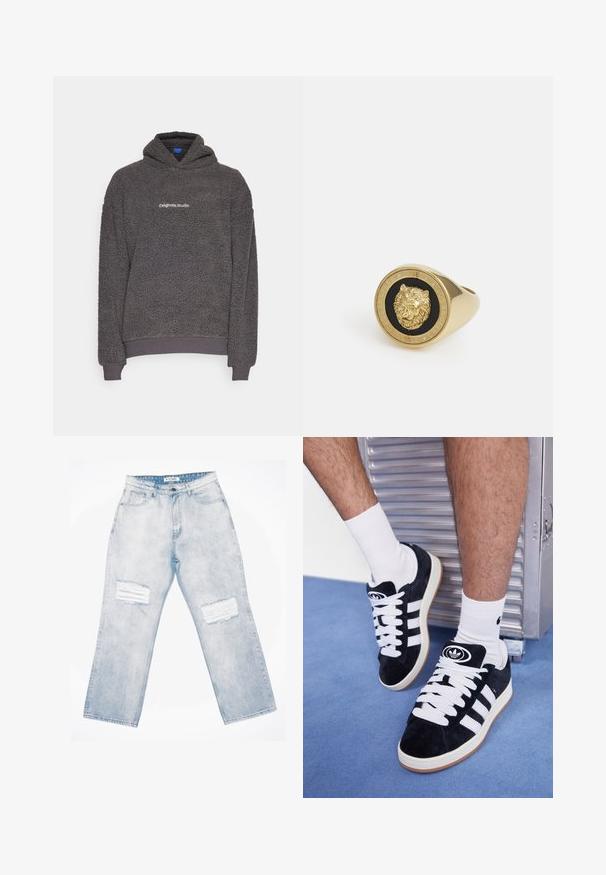 Tumši pelēkā, teksturētā flīsa kapuce ar "originals Studio" tekstu, kas izdrukāts uz krūtīm, ribota aproce un apakšmalu, attēlota uz viendabīga fona.; Balts īsām piedurknēm T-krekls, izgatavots no maiga kokvilnas. Tam ir apaļa kakla izgriezne un brīva piegriezuma siluets, ar gludu tekstūru un tīru, vienkāršu dizainu.; Gai zilu džinsi ar brīvu piegriezumu, kas raksturīgi ar diviem nolietotiem plāksteriem priekšpusē, pogu aizdari un piecu kabatu dizainu.; Melni zamšaini sporta apavi ar baltiem šņorēm un trim baltām svītrām. Iekļauj arī apaļu melnu logotipu uz mēles un gumijas zoli.; Zelta tonis gredzens ar izceļošu lauva motīvu uz melna fona, ko ieskauj apļa formas josla, kas ir iegravēta ar zīmola nosaukumu.