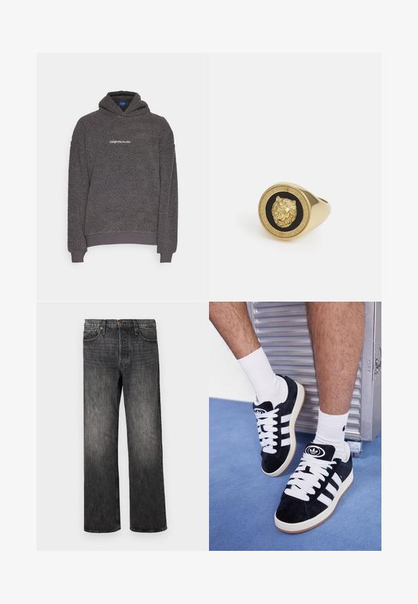 Tumehall, tekstuuriga fliiskapuutš, millel on "originals Studio" tekst prinditud rindkerele, soonikkoes mansetid ja äär, esitatud tasasel taustal.; Valge lühikeste varrukatega T-särk, mis on valmistatud pehmest puuvillast. Omab ümarat kaelaauku ja lõdva lõiget, sileda tekstuuri ning puhtat, ilma kaunistusteta disaini.; Tumedat hallid teksad sirge jala lõikega, viie taskuga, metallnuppude sulgemisega ja kerge pleekimisega. Puhtad jooned, ilma nähtavate mustriteta.; Mustad nahkjalatsid valgete paelte ja kolme valge triibuga. Omab ümmargust musta logo keele peal ning kummist tallat.; Kuldtoonist sõrmus, millel on mustal taustal kõrgendatud lõvimotiiv, raamistatud ringikujulise bändiga, millel on graveeritud brändinimi.