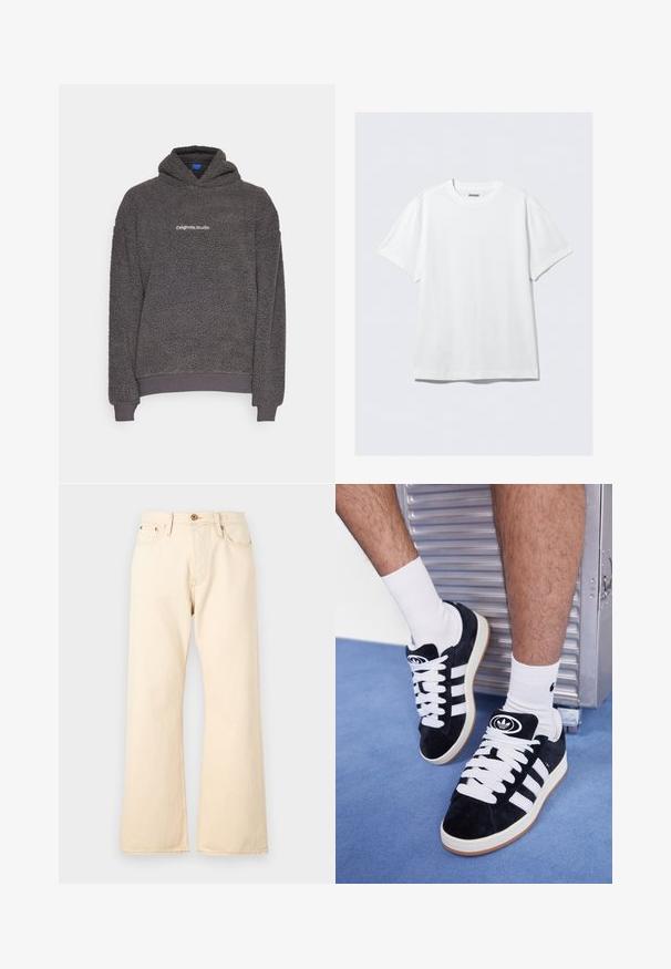 Tumši pelēkā, teksturētā flīsa kapuce ar "originals Studio" tekstu, kas izdrukāts uz krūtīm, ribota aproce un apakšmalu, attēlota uz viendabīga fona.; Balts īsām piedurknēm T-krekls, izgatavots no maiga kokvilnas. Tam ir apaļa kakla izgriezne un brīva piegriezuma siluets, ar gludu tekstūru un tīru, vienkāršu dizainu.; Beige augstās jostasvietas džinsi ar plašām kājām, izgatavoti no džinsa auduma, ar priekšējo pogu aizdari un divām aizmugures kabatām.; Melni zamšaini sporta apavi ar baltiem šņorēm un trim baltām svītrām. Iekļauj arī apaļu melnu logotipu uz mēles un gumijas zoli.