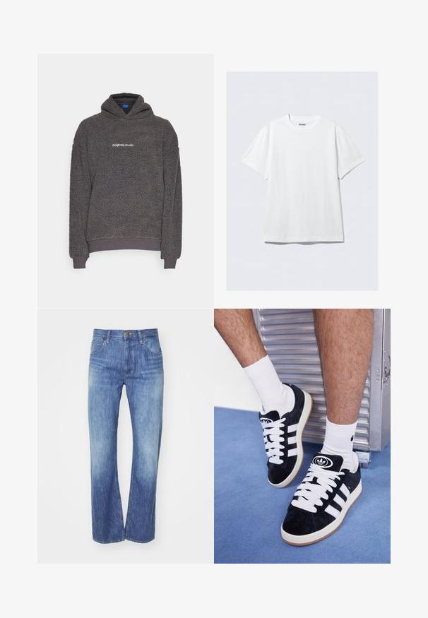 Ciemnoszara, fakturowana bluza z kapturem z nadrukiem "originals Studio" na piersi, z prążkowanymi mankietami i dołem, zaprezentowana na jednolitym tle.; Biała krótko rękawek koszulka wykonana z miękkiej bawełny. Posiada okrągły dekolt i luźny krój, z gładką teksturą i prostym, nieozdobionym wzorem.; Jasnoniebieskie dżinsy o prostym kroju nogawki, z lekkim przetarciem, pięcioma kieszeniami i zapięciem na guzik w pasie.; Czarne zamszowe sneakersy z białymi sznurówkami i trzema białymi paskami. Posiadają okrągłe czarne logo na języku i gumową podeszwę.