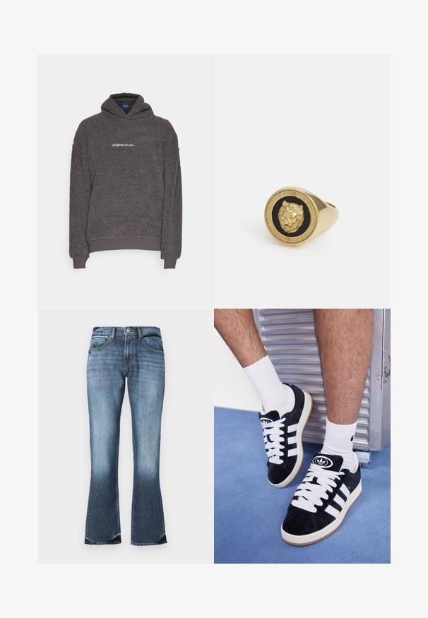 Tamsiai pilkas, tekstūruotas fliso džemperis su užrašu "originals Studio" ant krūtinės, su gofruotomis rankogaliais ir apatine dalimi, rodomas ant vienspalvio fono.; Balta trumpa rankovėmis marškinėliai, pagaminti iš minkštos medvilnės. Turi apvalų iškirpimą ir laisvą siluetą, su lygaus paviršiaus ir švariu, nenutapytu dizainu.; Mėlyni džinsai su išplatintais keliais, vidutinio juosmens, penkių kišenių dizainu ir subtiliu blukimu, suteikiančiu susidėvėjusio stiliaus. Lygus paviršius visame gaminyje.; Juodos zomšos sportbačiai su baltais raišteliais ir trimis baltais dryžiais. Ant liežuvėlio yra apvalus juodas logotipas, o pado medžiaga – guminė.; Auksinės spalvos žiedas su iškeltu liūto motyvu juodame fone, apsuptas apvaliu bane, raižytu prekės ženklu.