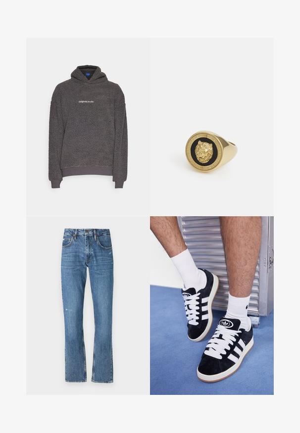 Σκούρο γκρι, υφασμάτινος φλις ζακέτα με κέντημα "originals Studio" στο στήθος, ραμμένα μανίκια και κάτω μέρος, τοποθετημένη σε καθαρό φόντο.; Λευκό κοντομάνικο μπλουζάκι από μαλακό βαμβάκι. Διαθέτει στρογγυλή λαιμόκοψη και άνετη εφαρμογή, με απαλή υφή και καθαρό, χωρίς στολίδια σχέδιο.; Μπλε τζιν παντελόνι καμπάνα με ελαφρώς φθαρμένη υφή, πέντε τσέπες και αντίθετη ραφή. Διαθέτει κλείσιμο με κουμπί και φερμουάρ.; Μαύρα σουέτ αθλητικά παπούτσια με λευκά κορδόνια και τρεις λευκές ρίγες. Διαθέτουν ένα κυκλικό μαύρο λογότυπο στη γλώσσα και σόλα από καουτσούκ γκόμε.; Χρυσόχρωμο δαχτυλίδι με ανάγλυφο σχέδιο λιονταριού σε μαύρο φόντο, περιφραγμένο από κυκλικό δαχτυλίδι με χαραγμένο το όνομα της μάρκας.