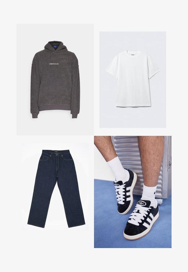 Sudadera con capucha de felpa texturizada en gris oscuro, con el texto "originals Studio" impreso en el pecho, puños y dobladillo acanalados, presentada sobre un fondo liso.; Camiseta blanca de manga corta hecha de algodón suave. Presenta un cuello redondo y un corte holgado, con una textura suave y un diseño limpio y sin adornos.; Jeans de mezclilla azul oscuro con un diseño de pierna recta, que presentan costuras amarillas, cinco bolsillos y un cierre de botón en la cintura.; Zapatillas de ante negras con cordones blancos y tres rayas blancas. Presentan un logotipo circular negro en la lengüeta y una suela de goma color caramel.