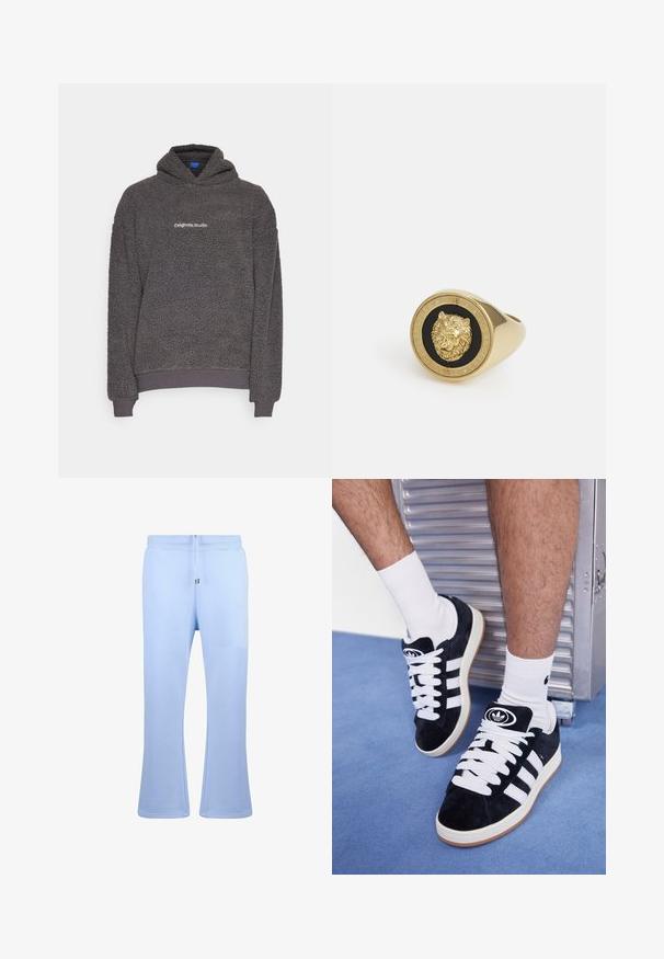 Tmavošedá, textúrovaná fleece mikina s kapucňou s potlačou "originals Studio" na hrudi, s ribovanými manžetami a spodným lemom, zobrazená na jednoduchom pozadí.; Biely krátky rukáv tričko vyrobené z jemnej bavlny. Má okrúhly výstrih a voľný strih, s hladkým povrchom a čistým, nezdobeným dizajnom.; Dropsize OPEN LEG - Tepláky - babyblue; Čierne semišové tenisky s bielymi šnúrkami a tromi bielymi pruhmi. Obsahujú kruhové čierne logo na jazyku a gumovú podrážku.; Zlatý prsten so zdvihnutou motívom leva na čiernom pozadí, obklopený kruhovým pásom s vyrytým názvom značky.
