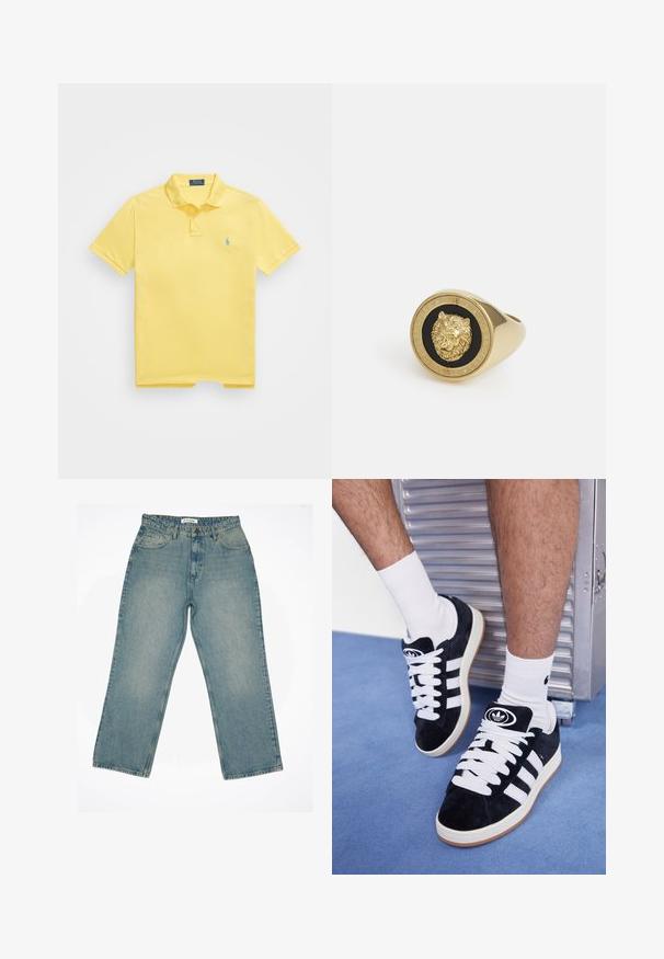 Dark gray, textured fleece hoodie with “originals Studio” text printed on the chest, ribbed cuffs and hem, displayed on a plain background.; Polo Ralph Lauren THE ICONIC MESH POLO SHIRT - Polo shirt - yellow; Light blue denim jeans with a high waist and wide-leg fit. Features front pockets, a zipper fly, and visible stitching details.; Black suede sneakers with white laces and three white stripes. Features a circular black logo on the tongue and a gum rubber sole.; Gold-tone ring featuring a raised lion motif on a black background, framed by a circular band engraved with the brand name.