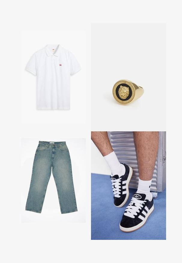 Sötétszürke, textúrált polár pulóver "originals Studio" felirattal a mellkason, bordázott mandzsettákkal és szegéllyel, egyszerű háttéren bemutatva.; Fehér pamut poloing. Három gombos nyak, rövid ujjak és egy kis piros Levi's logó a bal mellen.; Világoskék farmernadrág magas derékkal és széles lábakkal. Elöl zsebekkel, cipzáros záródással és látható varrási részletekkel rendelkezik.; Fekete velúr sportcipők fehér fűzőkkel és három fehér csíkkal. A nyelvén egy kör alakú fekete logó található, valamint egy gumis talp.; Arany színű gyűrű, kiemelkedő oroszlánmotívummal, fekete háttérrel, amelyet a márkanevével gravírozott kör alakú sáv keretez.