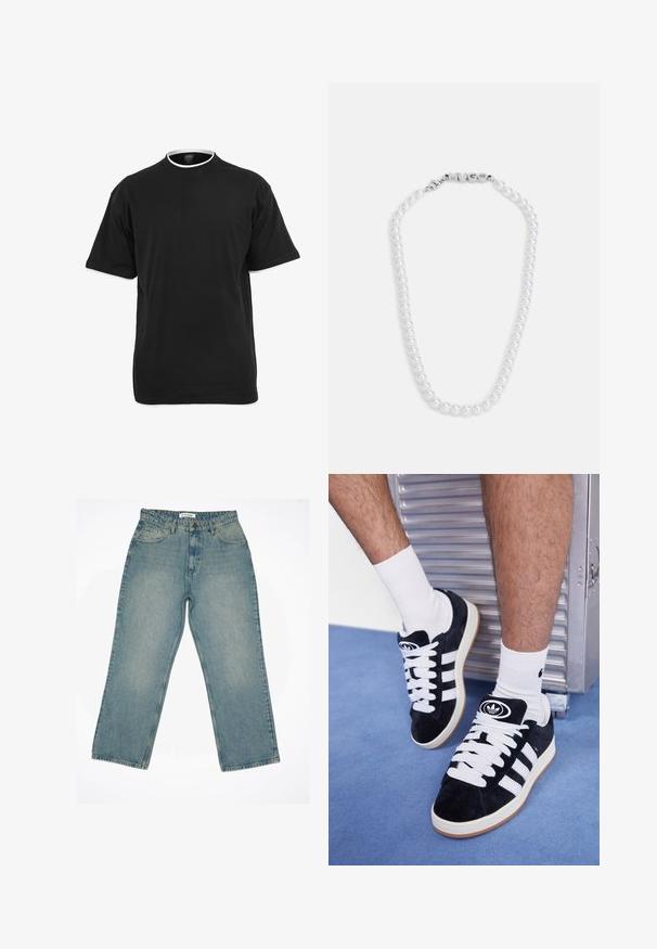 Tamsiai pilkas, tekstūruotas fliso džemperis su užrašu "originals Studio" ant krūtinės, su gofruotomis rankogaliais ir apatine dalimi, rodomas ant vienspalvio fono.; Juodas medvilninis marškinėliai trumpomis rankovėmis, apvalia iškirpte ir kontrastinga balta apdaila aplink apykaklę ir rankovių kraštus.; Šviesiai mėlynos džinsinės kelnės su aukštu liemeniu ir plačiomis kojomis. Yra priekiniai kišenės, užtrauktukas ir matomi siuvimo detalės.; Juodos zomšos sportbačiai su baltais raišteliais ir trimis baltais dryžiais. Ant liežuvėlio yra apvalus juodas logotipas, o pado medžiaga – guminė.; Baltos perlų kaklo vėrinys su glotnia tekstūra, su sidabriniu užsegimu, ant kurio išgraviruotas žodis "HUGO". Vienodai dydžio perlai klasikiniame dizaine.