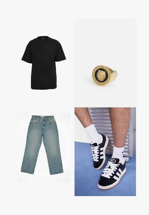 Tamsiai pilkas, tekstūruotas fliso džemperis su užrašu "originals Studio" ant krūtinės, su gofruotomis rankogaliais ir apatine dalimi, rodomas ant vienspalvio fono.; Juodas medvilninis trikotažas, laisvo kirpimo, trumpomis rankovėmis, apvalia iškirpte ir lygiu, vienodu tekstūru. Nėra matomų logotipų ar raštų.; Šviesiai mėlynos džinsinės kelnės su aukštu liemeniu ir plačiomis kojomis. Yra priekiniai kišenės, užtrauktukas ir matomi siuvimo detalės.; Juodos zomšos sportbačiai su baltais raišteliais ir trimis baltais dryžiais. Ant liežuvėlio yra apvalus juodas logotipas, o pado medžiaga – guminė.; Auksinės spalvos žiedas su iškeltu liūto motyvu juodame fone, apsuptas apvaliu bane, raižytu prekės ženklu.