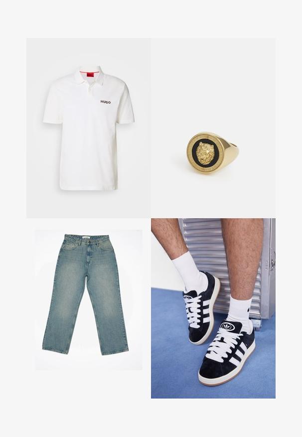 Tumehall, tekstuuriga fliiskapuutš, millel on "originals Studio" tekst prinditud rindkerele, soonikkoes mansetid ja äär, esitatud tasasel taustal.; Valge puuvillane polo-särk, millel on nööpidega kaelus, lühikesed varrukad ja must "HUGO" logo vasakul rinnal.; Heledad sinine teksaseelik kõrge vöökoha ja laia jala lõikega. Omab ees poolt taskuid, tõmblukuga sulgemist ja nähtavaid õmbluse detaile.; Mustad nahkjalatsid valgete paelte ja kolme valge triibuga. Omab ümmargust musta logo keele peal ning kummist tallat.; Kuldtoonist sõrmus, millel on mustal taustal kõrgendatud lõvimotiiv, raamistatud ringikujulise bändiga, millel on graveeritud brändinimi.