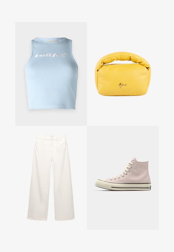 Even&Odd Pulover - pink; Top scurt ribbed de culoare albastru deschis, cu guler rotund și fără mâneci. Dispune de text alb brodat pe față.; Jeans albi cu croi larg, fabricate din denim, cu talie înaltă, având buzunare frontale și elemente metalice la închidere cu nasture și fermoar.; Adidași cu vârf înalt, din pânză roz deschis, cu șireturi albe și talpă din cauciuc. Include o dâră neagră și un vârf texturat.; faina EMBELL - Geantă de mână - gelb