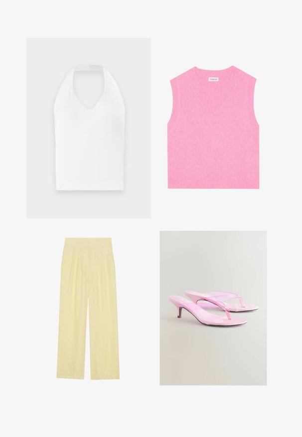 Even&Odd Strickpullover - pink; Weißes Top mit Halterhals und V-Ausschnitt, aus einem glatten Stoff gefertigt. Hat eine taillierte Silhouette ohne zusätzliche Verzierungen.; Helle gelbe weite Hose aus strukturiertem Stoff, mit einem plissierten Vorderteil und einem hohen elastischen Bund.; Rosa Absatzsandalen mit gläzendem Finish, die ein Zehensteg-Design und einen schmalen, metallischen Absatz aufweisen. Glatte Textur und minimalistischer Stil.