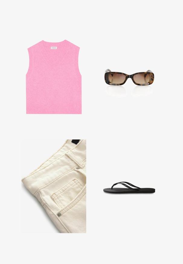 Even&Odd Jersey de punto - pink; Pantalones de denim color crema con una superficie texturizada, que cuentan con un pequeño bolsillo delantero y detalles de costura en contraste. Ideales para un look casual.; Chanclas negras con suela de goma texturizada, dos tiras delgadas y un sutil detalle de logo en relieve en la tira.; Gafas de sol carey con forma rectangular, lentes degradados en marrón oscuro, montura gruesa y bordes redondeados para mayor comodidad.; Bolso de mano de cuero negro con forma rectangular estructurada. Presenta un cierre ovalado dorado y una delgada correa para el hombro. Textura suave.