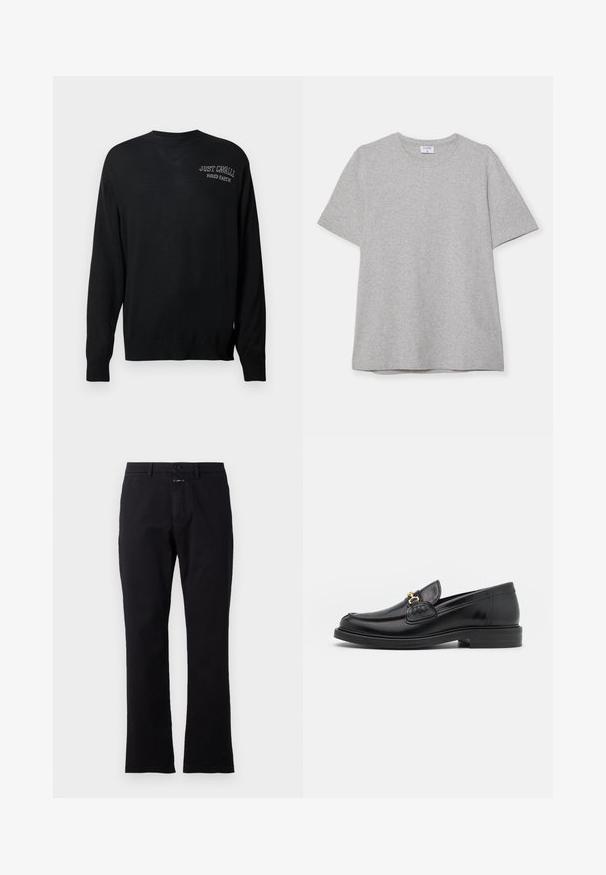 Czarny sweter dzianinowy z długimi rękawami, okrągłym dekoltem i prążkowanymi mankietami. Zawiera hafty "JUST CAVALLI" i "FIRED EARTH" w kolorze białym.; Szary krótki rękaw T-shirt wykonany z miękkiego, fakturowanego materiału. Posiada klasyczny okrągły dekolt i prosty dół, idealny do noszenia na co dzień.; Czarne bawełniane spodnie o prostym kroju, z zapięciem na guziki z przodu i dwoma bocznymi kieszeniami; gładka tekstura bez widocznych wzorów.; Czarne skórzane loafersy z zaokrąglonym noskiem, z ozdobnymi złotymi akcentami i detalami szycia, osadzone na niskiej, teksturowanej gumowej podeszwie.